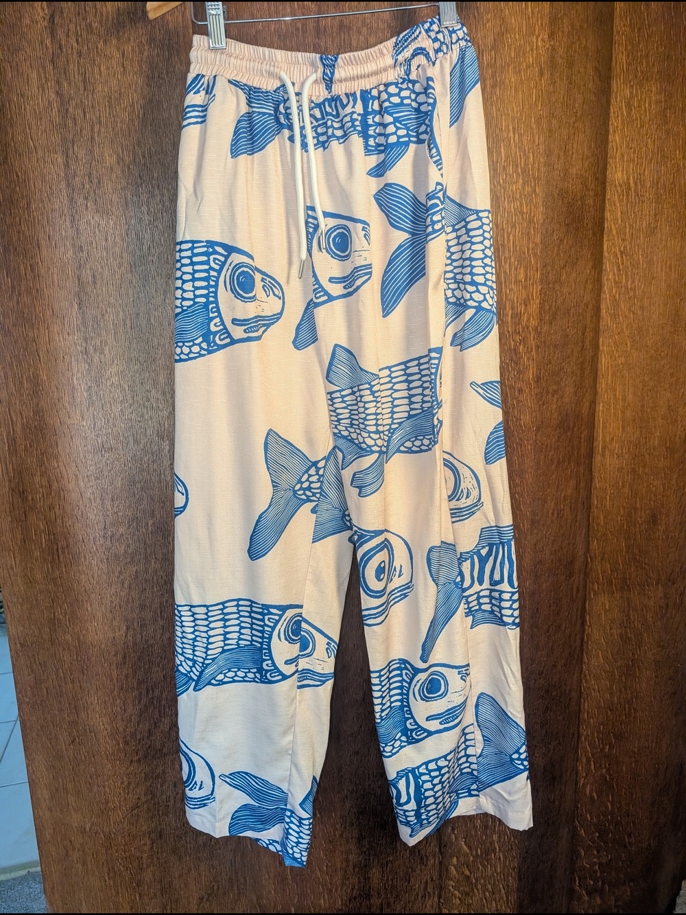 Blue Fish Print Linen Look Wide Leg Pants | Beach Vacation Coastal | M/L